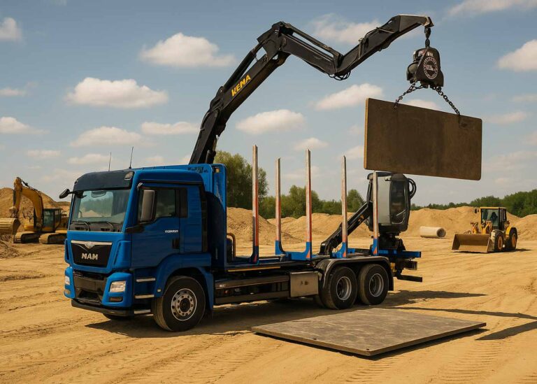 Materialtransport per LKW auf Baustelle mit Bagger im Hintergrun